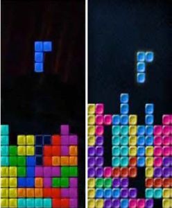 Screenshots of the games Tetris and Mino. Both feature multi-colored blocks falling from the top of the screen into a grid. They look very similar.