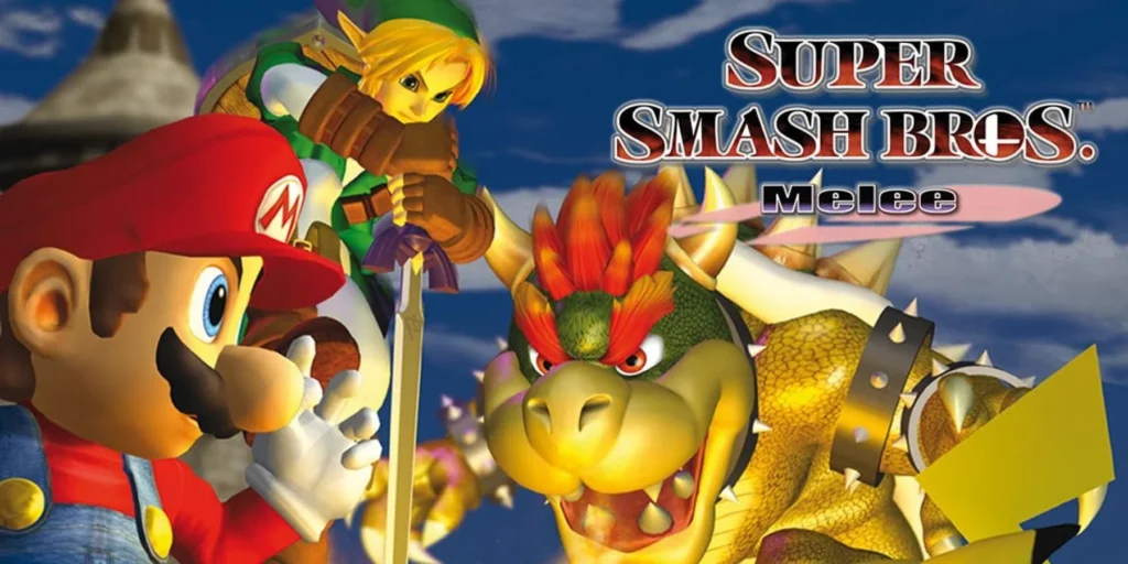 Art for Super Smash Bros Melee showing Mario, Link, Bowser, and Pikachu fighting.