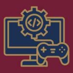 Video game development icon with a computer, coding gear, and game controller.