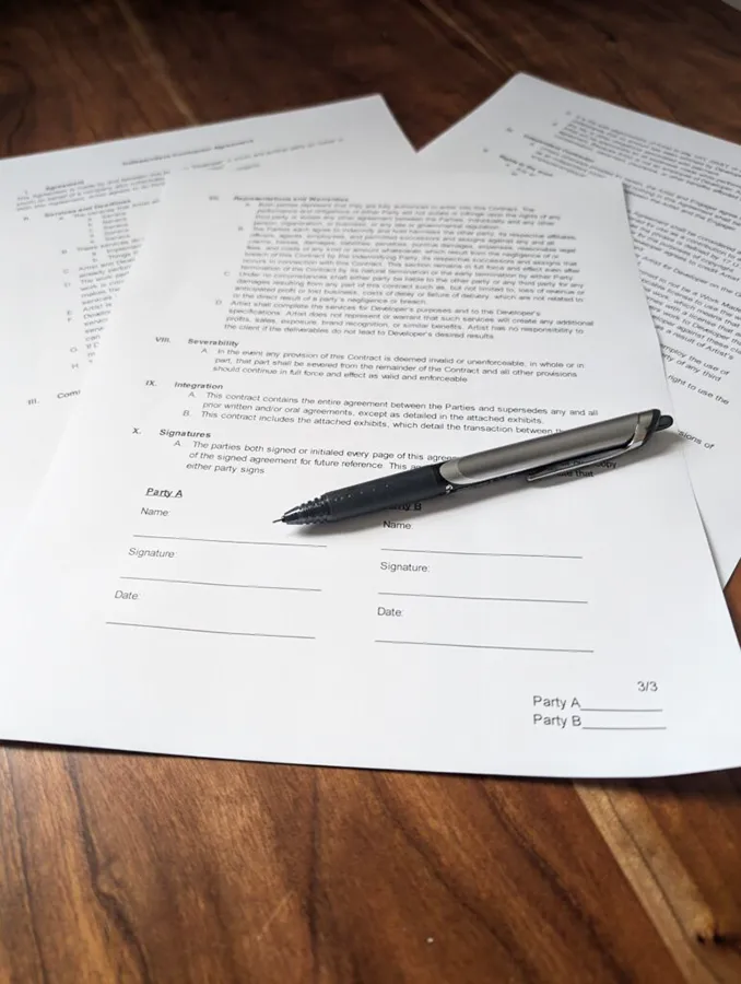 Legal contract documents and pen prepared for signature with Argo Law attorney Jacob Vela.